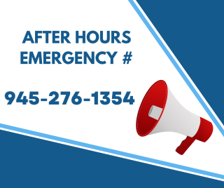 Image of megaphone and text of "after hours emergency #, 945-2761354"