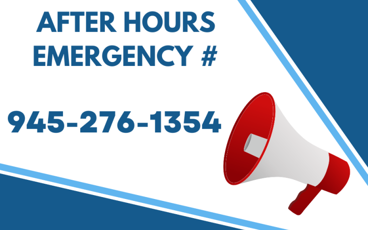 Image of megaphone and text of "after hours emergency #, 945-2761354"