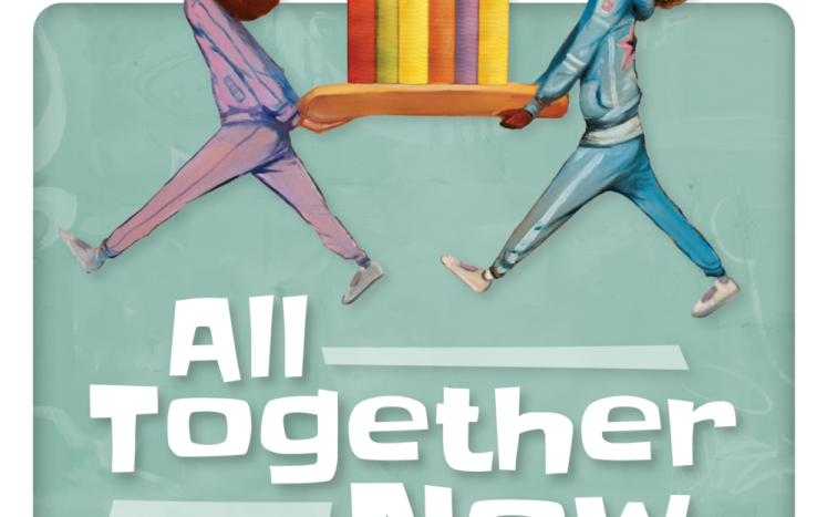 Two teens carrying books with "All Together Now" text underneath